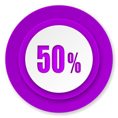 50 percent icon, violet button, sale sign