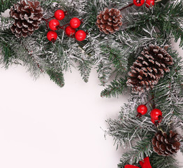 Fototapeta na wymiar Christmas background. Branch of christmas tree with pine cones
