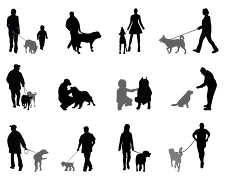 Silhouettes of people and dogs, vector