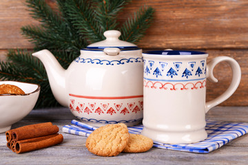 Cup of tea on table on wooden background