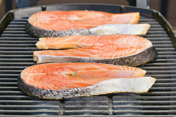 Portion of fresh salmon fillet on a grill