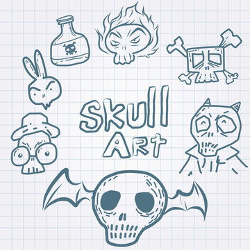 Skulls doodles vector set