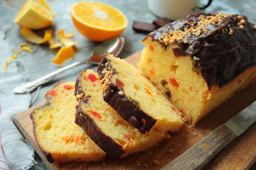 Fruit cake with dark chocolate glaze