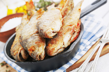 Fried fish in a frying pan