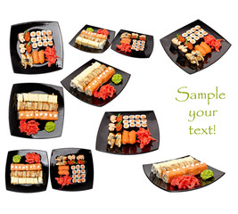 Sushi with ginger and wasabi on a black  plate Isolated on white