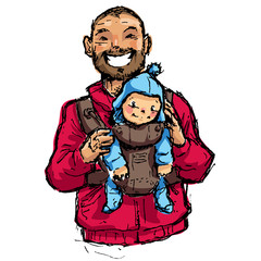 Cartoon vector illustration father with baby son in carrier pouc