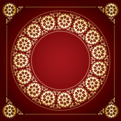 red background with golden floral frame - vector