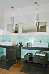 interior view of a modern bathroom with wood floor