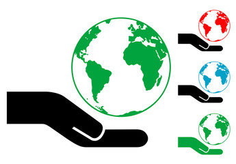 Pictograma mano con planeta con varios colores