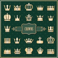Gold crown icons set. Luxury design elements.