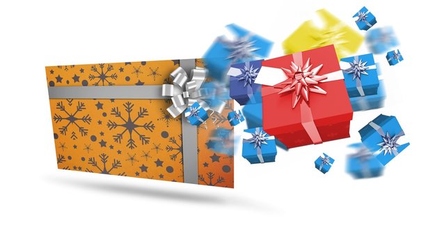 Composite image of flying christmas presents