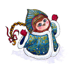Owl Snow-maiden in coat character Vector Watercolor isolated.