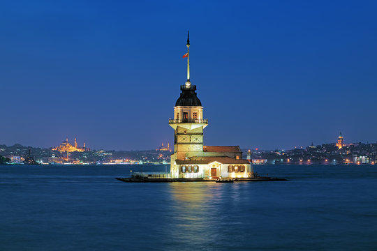 Evening view of Maiden's Tower in Istanbul, Turkey