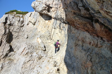 Climber on the Hans von Haidsteig, Raxalpe, Austria