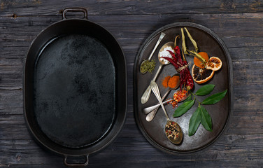 Various spices and cauldron