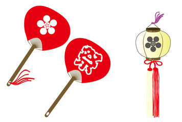 祭りの提灯とうちわの和風素材白地