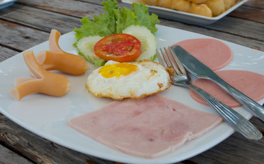 breakfast with fried eggs, bacon and sausages