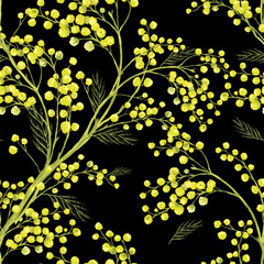 Seamless Spring Pattern with Sprig of Mimosa.