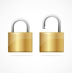 Vector locked and unlocked padlock gold