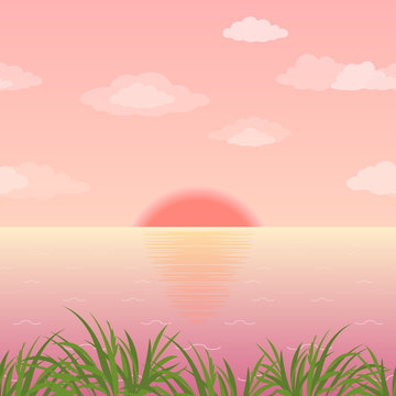 Landscape, grass and sunrise on the sea