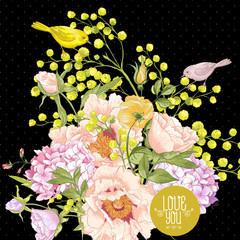 Spring Floral Bouquet with Birds, Greeting Card