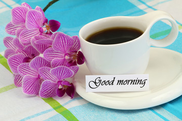Good morning card with cup of coffee and pink orchid