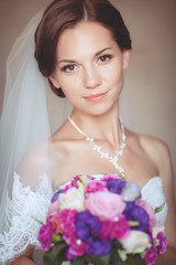 Naklejka premium Happy bride wedding makeup hairstyle bridal day