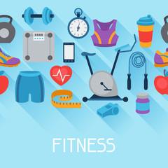 Sports seamless pattern with fitness icons in flat style.