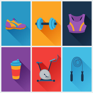 Sports and fitness icons set in flat style.