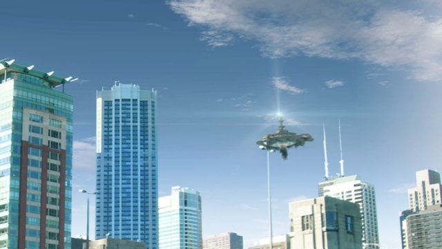 Animation with fake alien spaceship flying around Chicago