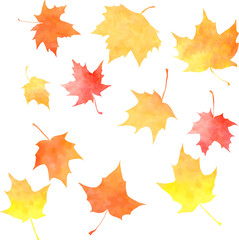 set of silhouettes by maple leaves in watercolor