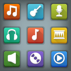Flat icon set. White Symbols. Music