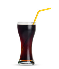 Glass of cola with ice on white background