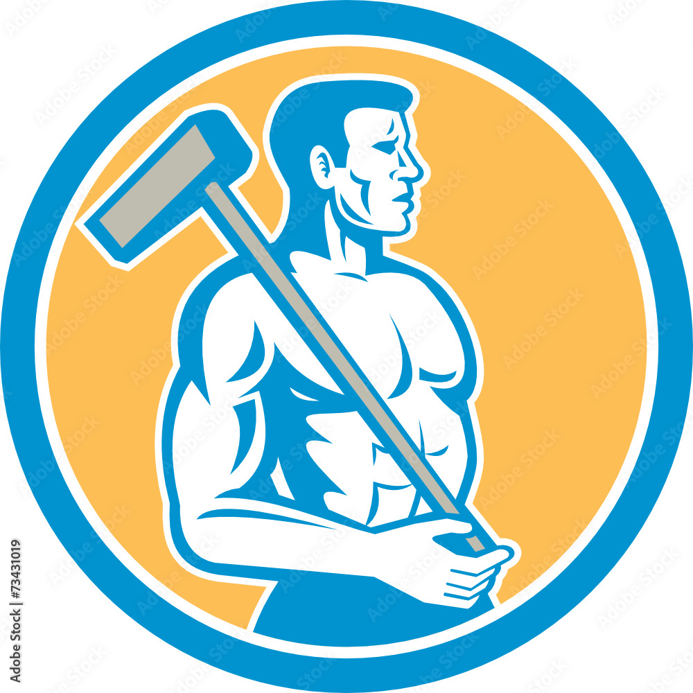 Poster union worker with sledgehammer circle retro