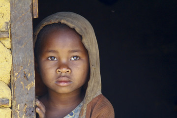 Madagascar-shy and poor african girl with headkerchief - obrazy, fototapety, plakaty