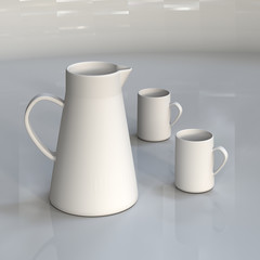 Pitcher and two cups of porcelain.
