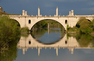 Reflections on the Tiber river, Rome, Italy. Flaminio bridge