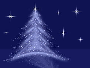 blue christmas tree illustration with stars and sparkles