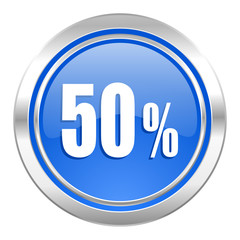 50 percent icon, blue button, sale sign