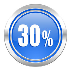 30 percent icon, blue button, sale sign