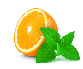 slice of orange and mint isolated on white
