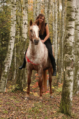 Pretty young girl riding a horse without any equipment in autumn