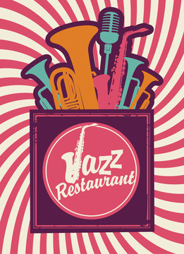 banner for jazz restaurant with wind instruments