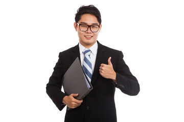 Asian businessman  smile thumbsup hold folder