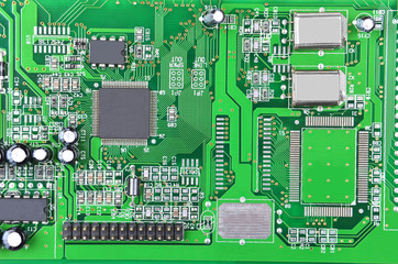 Printed computer motherboard with microcircuit, close up