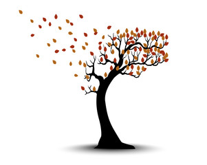 Decorative Autumn Tree Silhouette With Brown Leaves And Wind