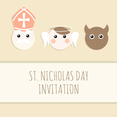 Cute St. Nicholas with devil and angel, christmas card