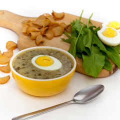 Sorrel soup with egg and greens. Selective focus.