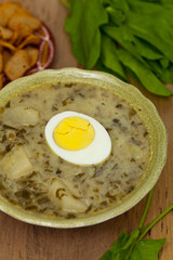 Sorrel soup with egg and greens. Selective focus.