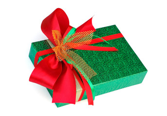 gift box wrap green paper with red ribbon